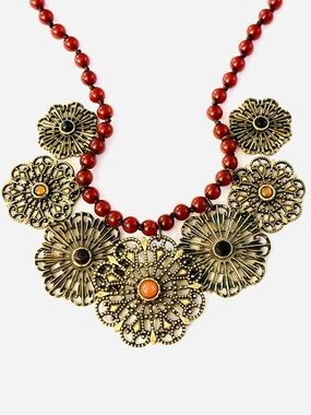 Carnelian Necklace with Tarnished Brass and Polished Stones